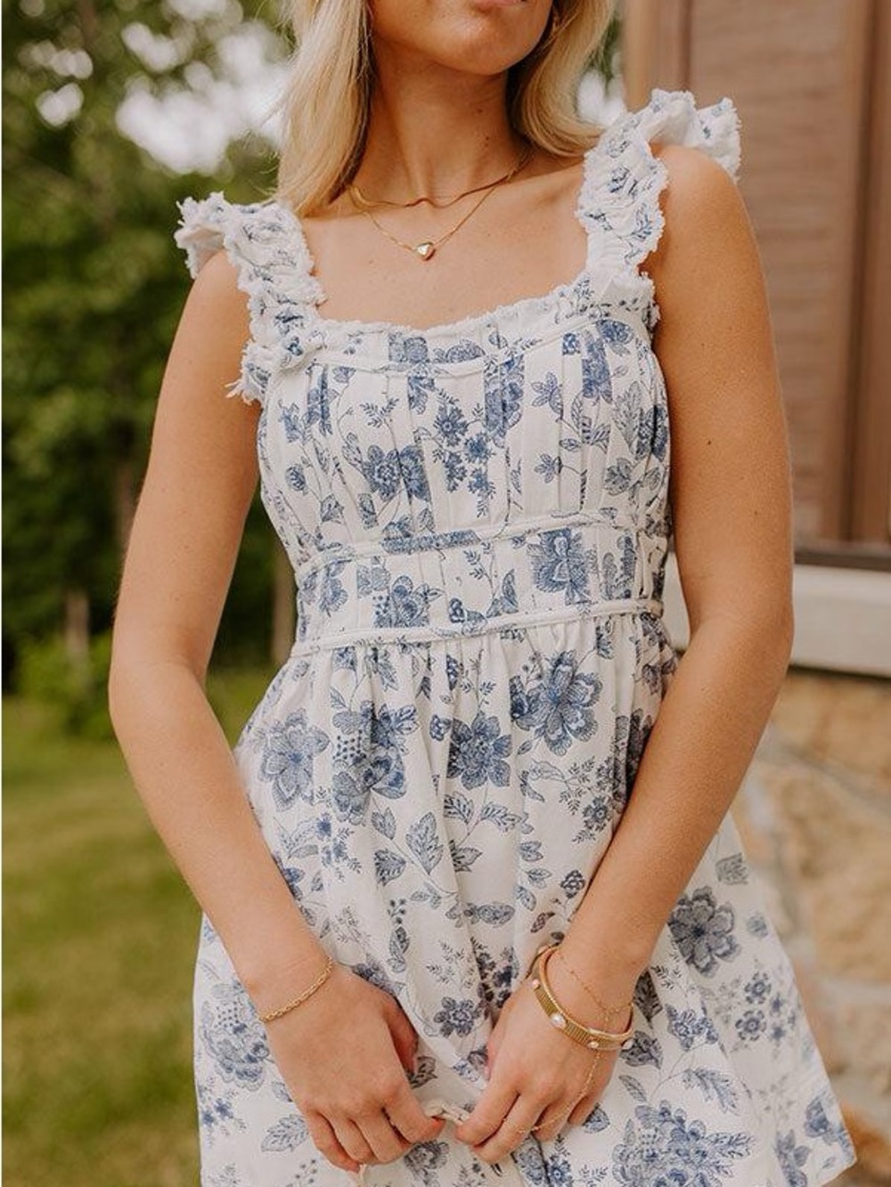 PINK LILY White Blue Floral Cotton Denim Dress French Country Cottagecore Large